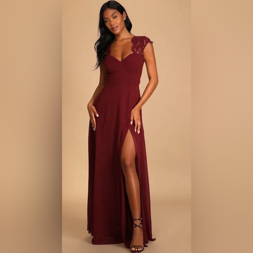 Momentous Moments Burgundy Lace Backless Maxi Dress